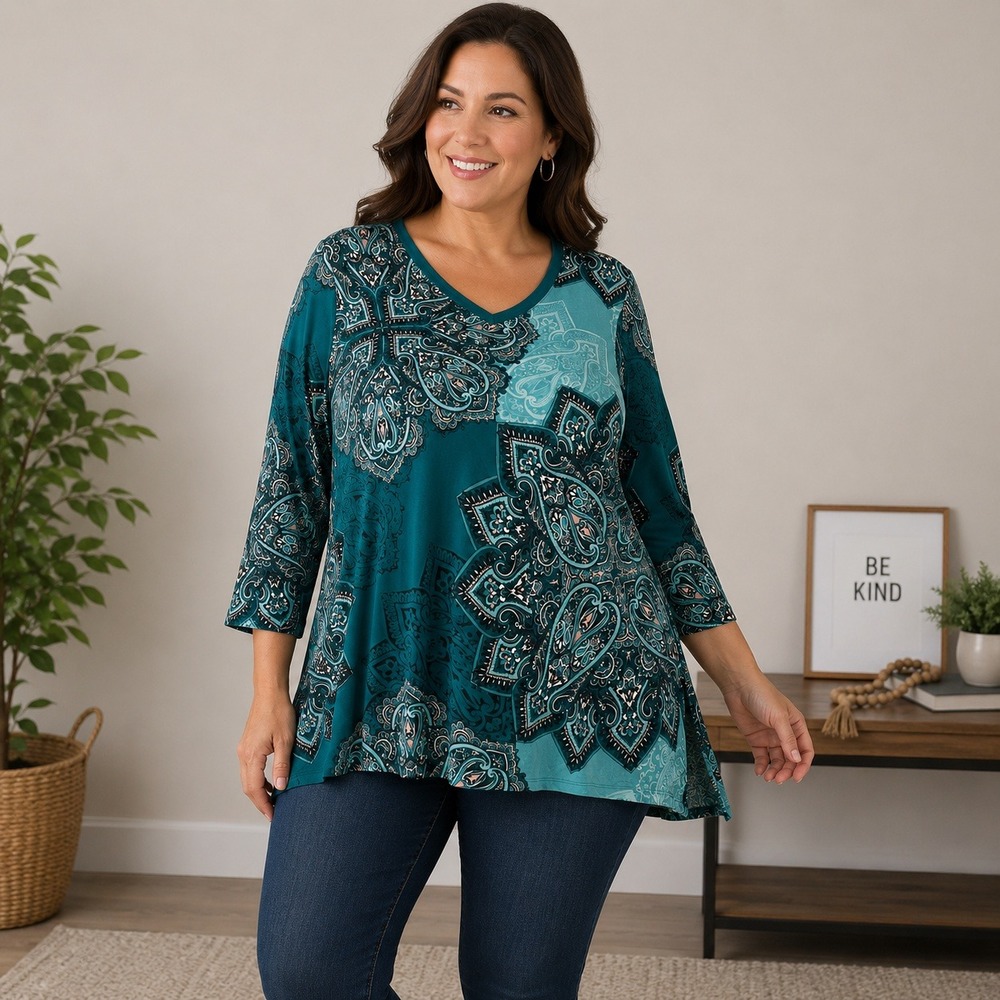 Chicos Teal Paisley Mandala V-Neck 3/4 Sleeve Tunic Top Size 3 XL Rayon Spandex